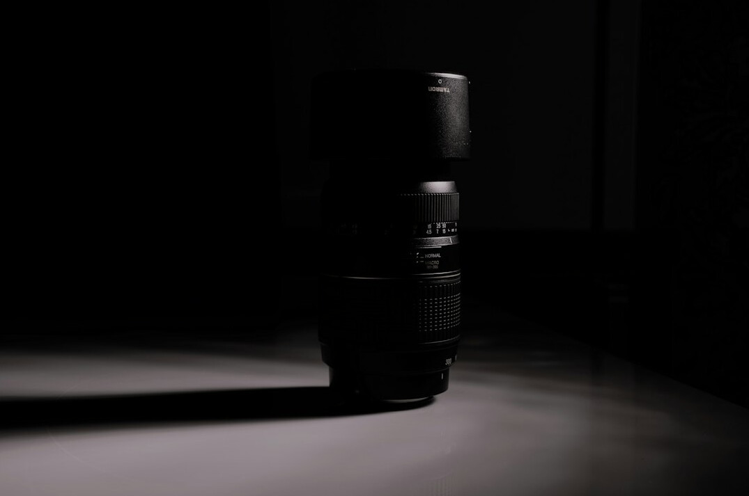 Professional camera lens close-up in a studio