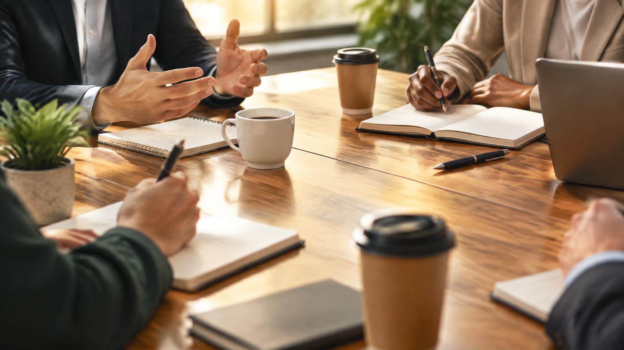 Business discussion at a conference table with notes