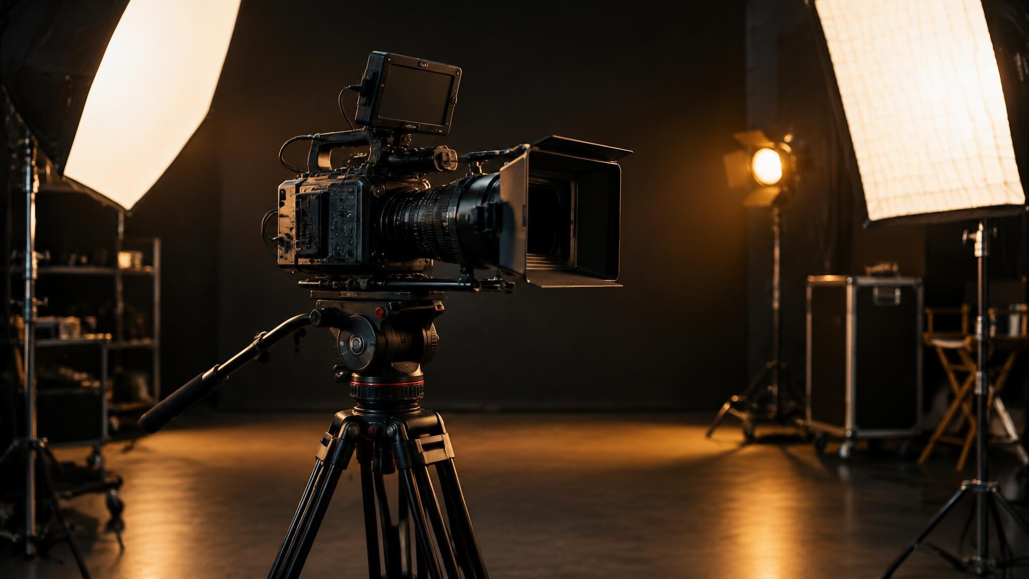 Film camera on a tripod in a production studio